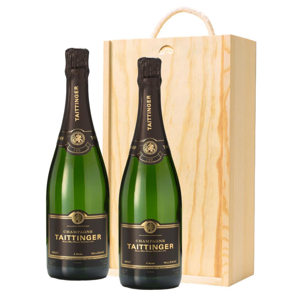Taittinger Brut Vintage Champagne 2014 75cl Twin Pine Wooden Gift Box (2x75cl)